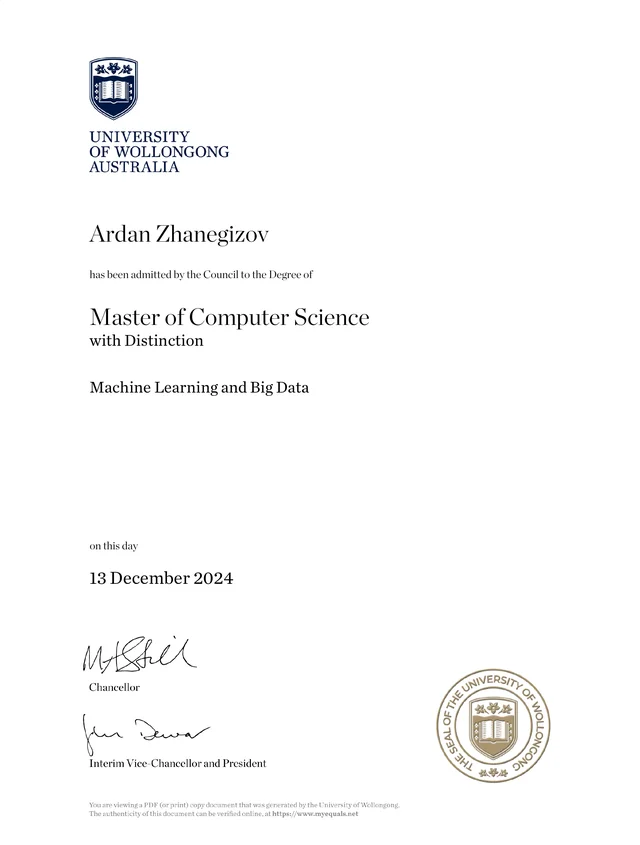 University of Wollongong магистр дипломы: Master of Computer Science with Distinction, Machine Learning and Big Data, 13 December 2024